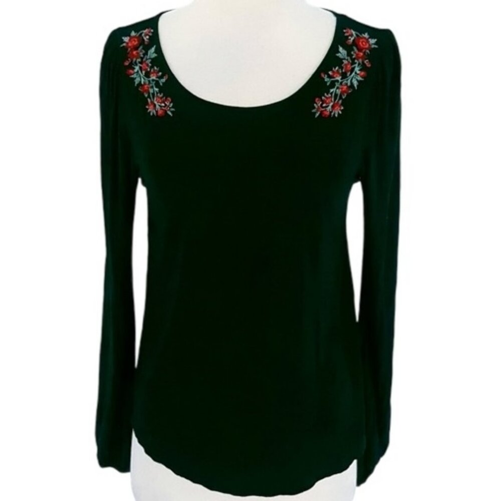 American Eagle Soft and Sexy Black Top with Embroidered Red Flowers